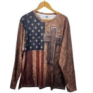 Mens American Flag Cross Long Sleeve T Shirt Patriotic Christian Faith Graphic L